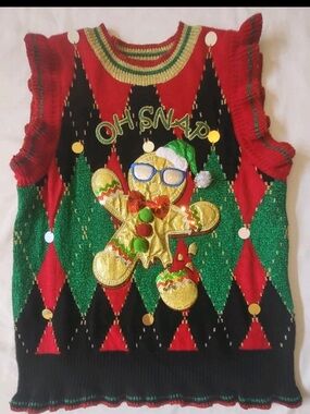 Holiday Gingerbread Sweater Tank - Red & Green Crewneck